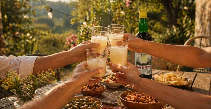 Apéritif convivial en extérieur avec verres de pastis et bouteille artisanale Pastis Le Pierrot sur une table en bois, ambiance estivale et ensoleillée